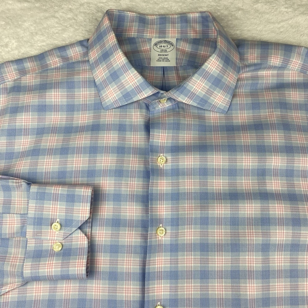 Brooks Brothers Dress Shirt Mens 18-6/7 Pink/Blue Plaid Regent No Iron